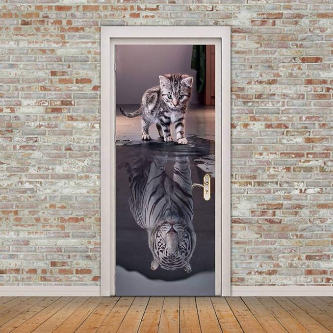 3D Door Stickers Murals Peel and Stick - Cat Becomes Tiger - Door Wallpaper Self-Adhesive Door Decals Removable PVC Waterproof Door Poster for Bedroom Living Room Door 37.4" x 84.6"-VerdiqueGarden