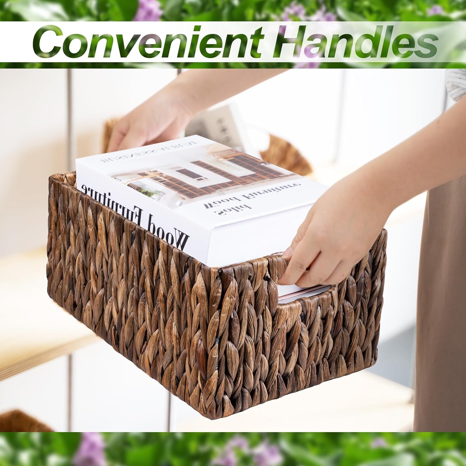 FairyHaus Wicker Basket with Handle 2Pack-15x11x7" & 13.4x9.5x6.5", Brown Water Hyacinth Wicker Baskets for Storage, Natural Hand Woven Baskets for Organizing-VerdiqueGarden