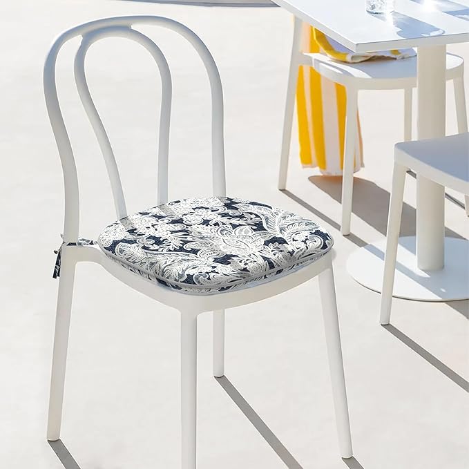 Indoor/Outdoor Chair Cushions 16x17 Inch, Patio Chair Cushions with Ties, All Weather Seat Cushions for Patio Furniture Home Garden Chair Use, Set of 2,Damask Lapis-VerdiqueGarden