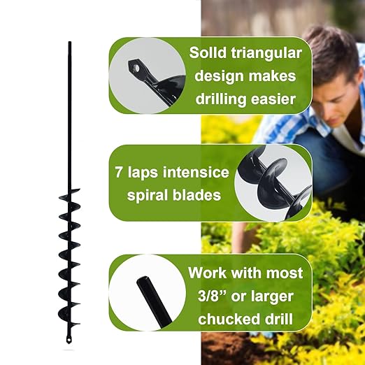 32" x 2" Extended Length Auger Drill Bit for Planting Bulb & Bedding Plant Auger, Garden Plant Auger, No Need to Squat Post Hole Digger for 3/8" Hex Drive Drill, Earth Auger Bulb Planter Tool-VerdiqueGarden