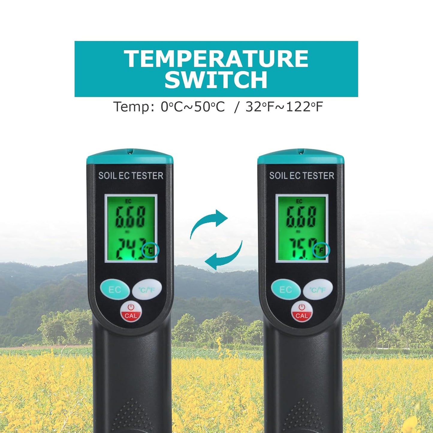 Digital Soil EC Meter, 2-in-1 EC and Temperature Meter with Corded EC Sensor Electrode, Backlight LCD Display, ATC Function 0~50℃, Portable Plant EC Meter for Gardening, Farming and Outdoor Plants-VerdiqueGarden