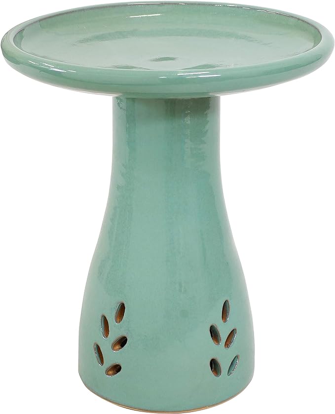 Sunnydaze 21" H Ceramic Bird Bath for Outside - Hand-Painted Outdoor Bird Bath Bowl, UV/Frost-Resistant Finish - Seafoam - Cut Out Pedestal-VerdiqueGarden
