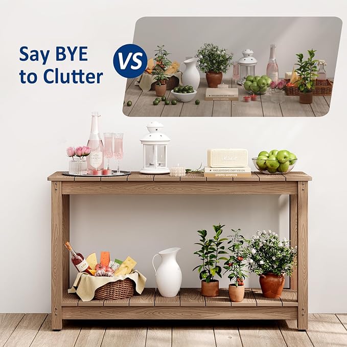 Outdoor Console Table, 48" Weather Resistant HIPS Patio Side Table, 440LBS Weight Capacity, 2-Tier Multifunctional Buffet Bar Storage Organizer for Garden Deck, Teak-VerdiqueGarden