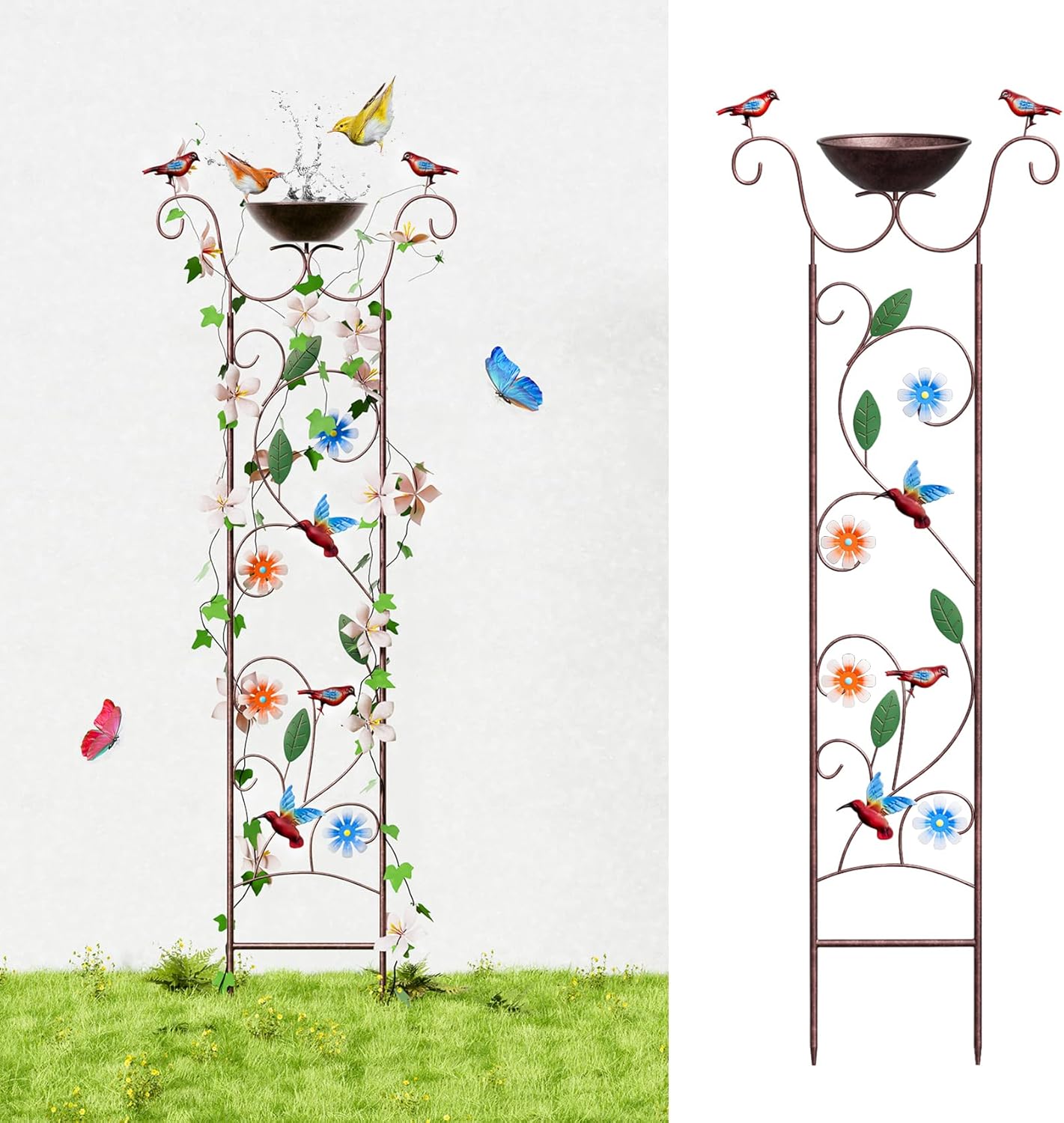 Bird Bath for Outside - Antique Iron Bird Bath with Trellis,Detachable Decorative Hummingbird Bowl,Metal Plant Support for Climbing Flowers,Elegant Outdoor Garden Feature (Hummingbird)-VerdiqueGarden