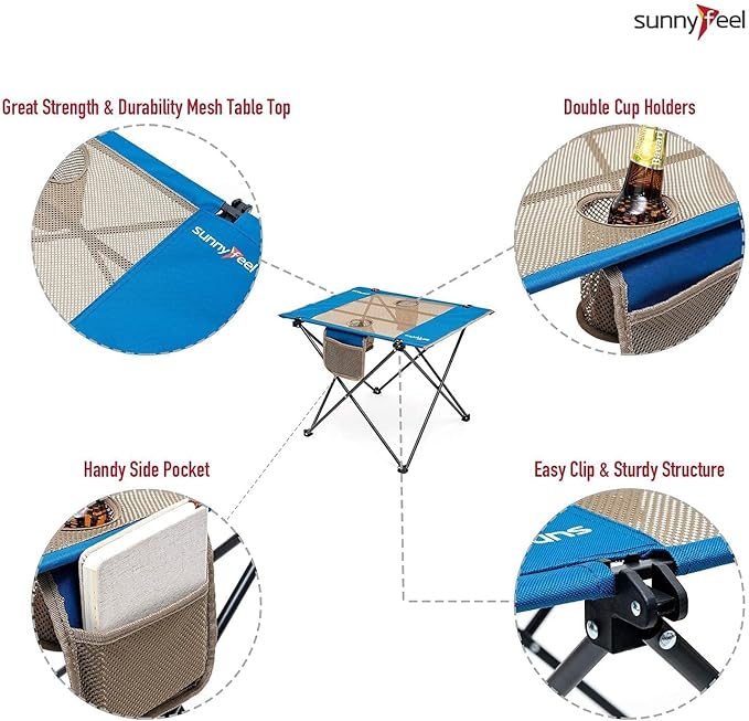 SUNNYFEEL Outdoor Folding Table | Lightweight Mesh Compact Camping Table, Roll Up Top 2 People Portable Camp Tables with Carry Bag for Picnic/Cooking/Beach/Travel/BBQ-VerdiqueGarden