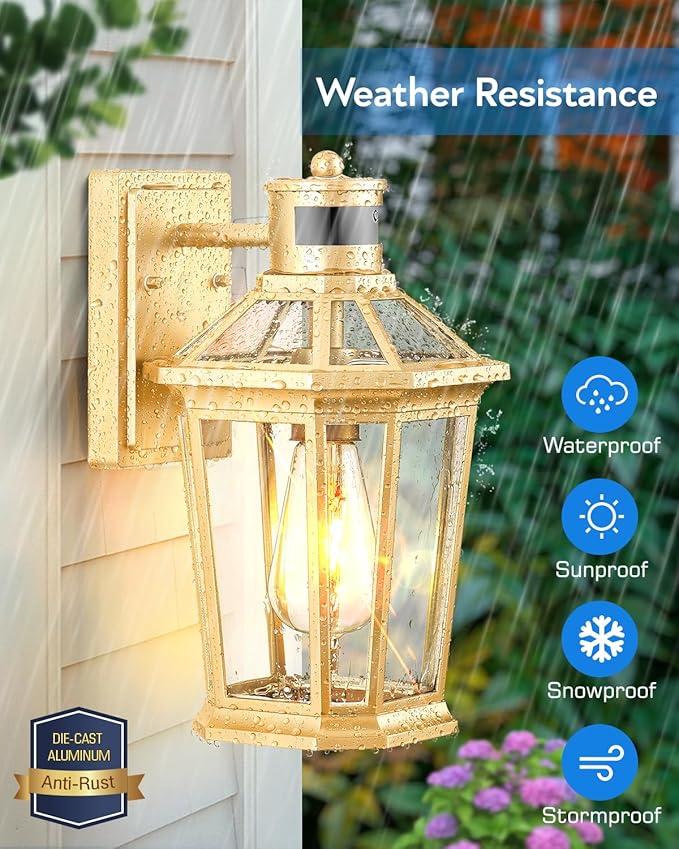 VIANIS Gold Outdoor Wall Lights with Motion Sensor, Dusk to Dawn Outside Porch Lights Lantern, Waterproof Weather Resistant Exterior Lights for House, Doorway, Garden, Home with Clear Glass Shade-VerdiqueGarden