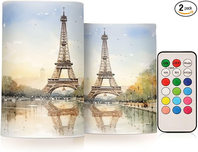 Flickering Flameless Candles, Eiffel Tower Lake LED Candles with Remote Timer, Set of 2 Battery Operated Candle for Valentine Wedding Birthday-VerdiqueGarden