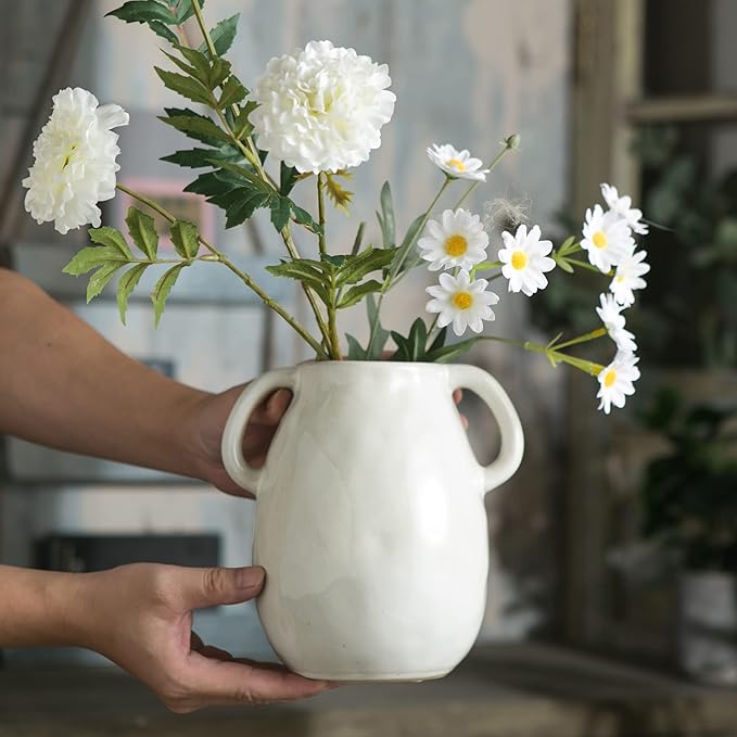White Ceramic Vase with 2 Handles, Modern Farmhouse Decor, Rustic Terracotta Pottery, Decorative Flower Vases, Clay Small Vase, Centerpiece for Dining Table - 7 Inch Tall-VerdiqueGarden