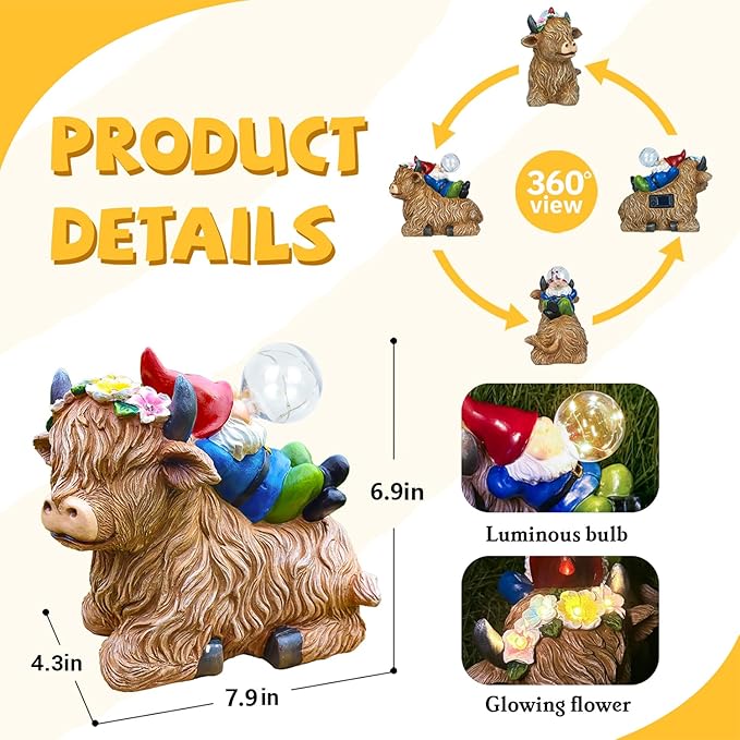 Solar Highland Cow Gnome Garden Decor Statue, Outdoor Funny Solar Light Decoration for Yard, Patio, Lawn, Unique Housewarming, Birthday Gift for Women, Mom, Grandma-VerdiqueGarden