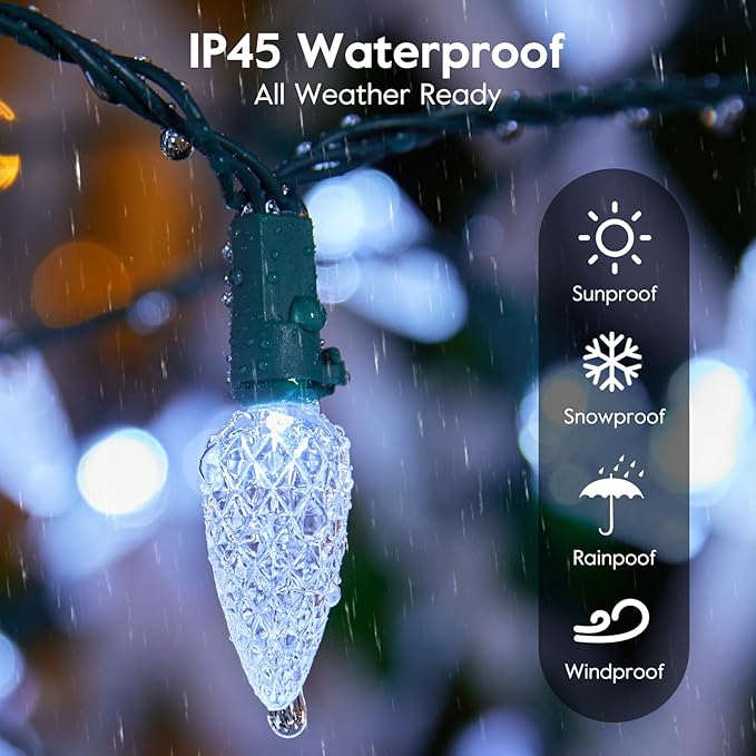 C6 LED Christmas String Lights, 20 ft 60 LED Battery Operated Faceted Strawberry Lights, Waterproof for House Roof Roofline Christmas Tree, White, 2 Pack-VerdiqueGarden