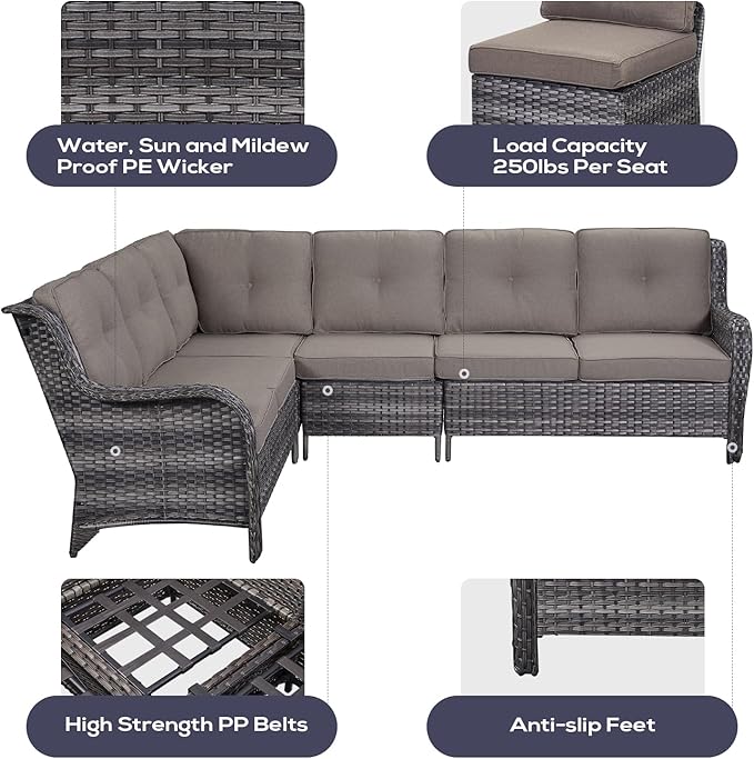 Outdoor Furniture Sectional Sofa L Shaped Couch - Patio Wicker Set with 2 Swivel Glider Chairs, 5 Piece Rattan Patio Conversation Sets with Gray Cushion for Deck Backyard Sunroom-VerdiqueGarden