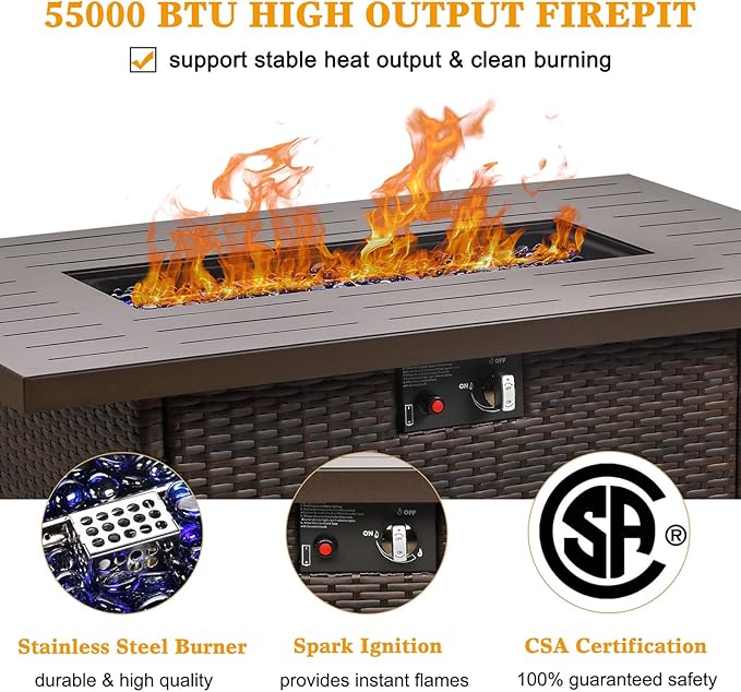 LayinSun 44" Propane Gas Fire Pit Table, 55000 BTU Rectangular Fire Pit with Glass Wind Guard for Outside Patio Deck Garden Backyard Brown-Aluminum Top-VerdiqueGarden