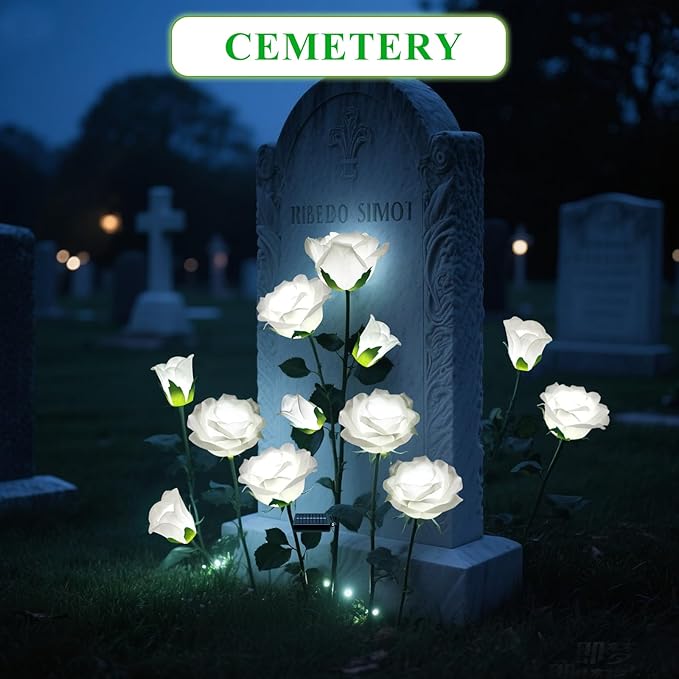 2 Pack Solar Garden Lights Outdoor, 7-Flower Rose LED Stake Light for Yard Patio Pathway Lawn Fence Cemetery, White-VerdiqueGarden