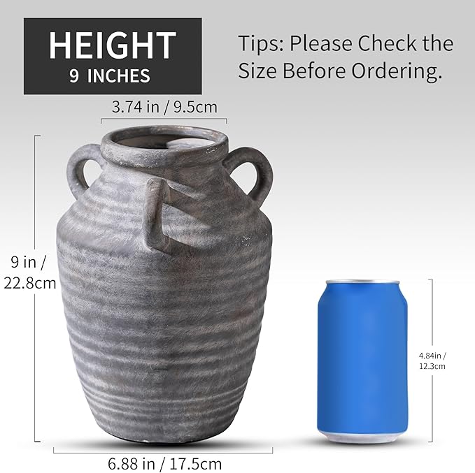 Grey Terracotta Ceramic Vase with Handles, Vintage Rustic Pottery Vases for Table Centerpiece, Cottage Core Home Decor, Large Flower Vases for Bouquet Entryway Mantel Bookshelf Living Room 8.9 Inch-VerdiqueGarden