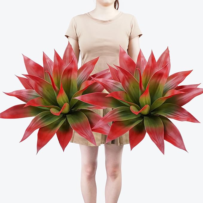 Artificial Agave Plants,Large UV Resistant Fake Agave Planters for Indoor and Outdoor Decorating Tropical Plant Succulents Greenery Indoor Decor (2Pack,22" Red)-VerdiqueGarden