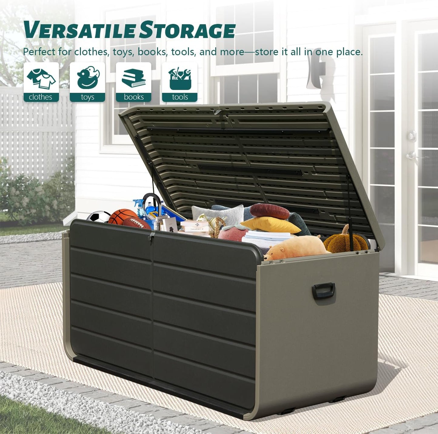 Domi 160 Gallon Outdoor Storage Box – Waterproof, UV-Resistant Deck Box with Lockable Lid for Patio Furniture, Garden Tools, Delivery Packages (Large Resin Storage Bin）-VerdiqueGarden