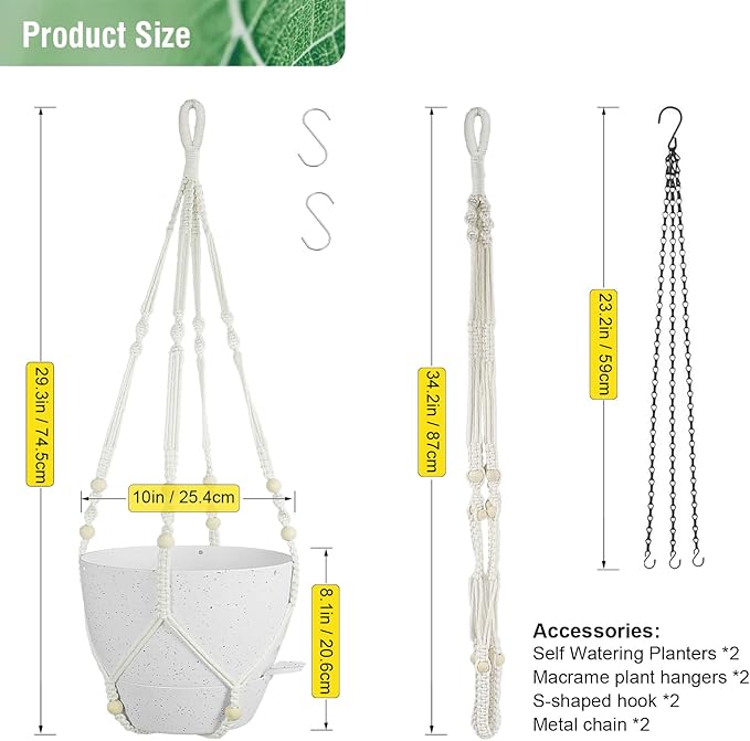 10 inch Self Watering Hanging Planters, 2 Pack Hanging Baskets for Indoor Outdoor Plants, Hanging Flower Pots with Drainage Holes and 2 Kinds of Plant Hangers for Garden Decor, Speckled White-VerdiqueGarden