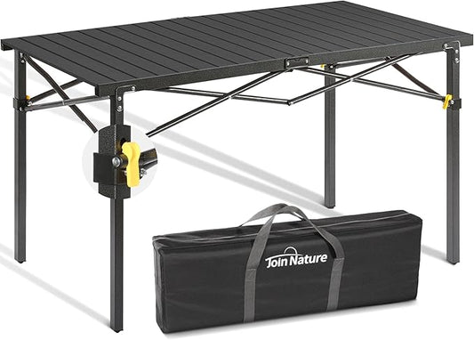 Portable Outdoor Camping Table Large for 2-6 Person - Foldable Camp Table with Aluminum Roll-Up Top & Carry Bag for BBQ, Tailgating, Backyard, 220 Lbs Capacity, Stable & Sturdy (Black)-VerdiqueGarden