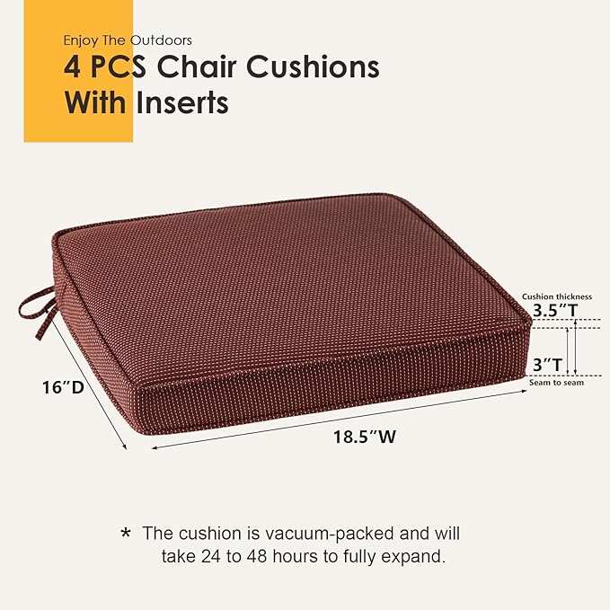 Outdoor Square Corner Seat Cushion, 18.5"x16"x3", Set of 4, Non Slip Seat Cushion Pads with Removable Cover for Patio Furniture, Garden Yard Lawn, Tan Dotted Red Base-VerdiqueGarden