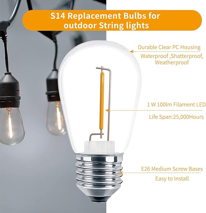 Meconard 24 Pack LED S14 Replacement Light Bulbs, Shatterproof Outdoor 1 Watt to Replace 11Watts String Incandescent Bulb, E26 Regular Medium Screw Base, 2200K Warm White, Non-Dimmable-VerdiqueGarden