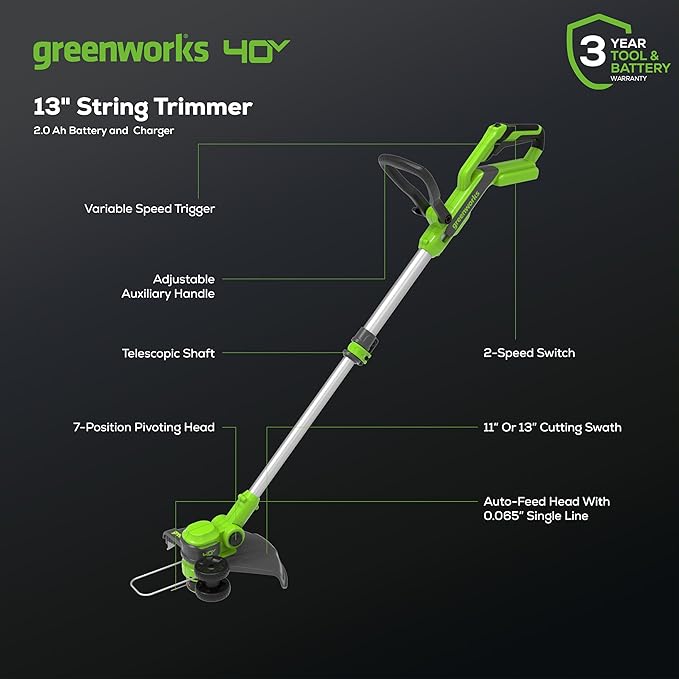 Greenworks 40V Cordless 2-in-1 Trimmer Edger (Gen 2) - 13" Lawn Weed Wacker for Fence & Sidewalk , Lightweight Gas Trimmer Alternative with Auto Feed Spool , 2.0Ah Battery & Charger (40-Min Runtime)-VerdiqueGarden