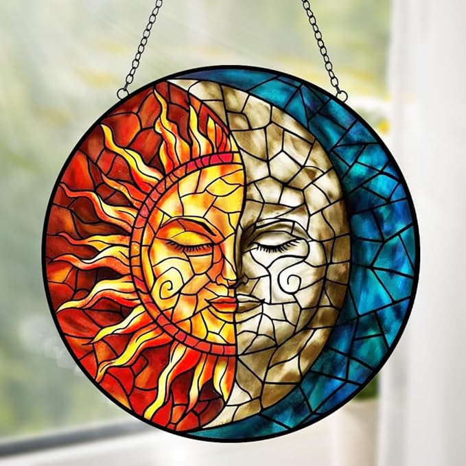 Sun and Moon Suncatcher Stained Glass Window Hanging - Handmade Stain Glass Suncatchers with Chain - Sun Catchers Indoor Window Glass Panel for Home Decor Garden Thanksgiving Valentines Day Gifts-VerdiqueGarden
