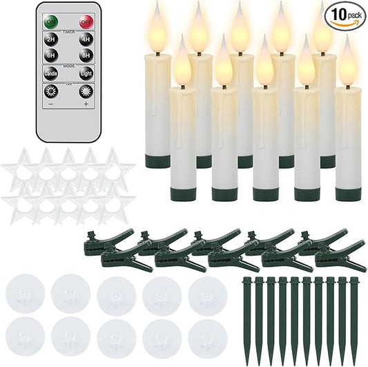 DRomance Christmas Tree Flameless Taper Candle Lights Battery Operated with 10-Key Remote and Timer, 10 Pack Plastic 3D Wick Flickering LED Taper Candles Multi-Using Home Garden Holiday Decor 3.4"-VerdiqueGarden