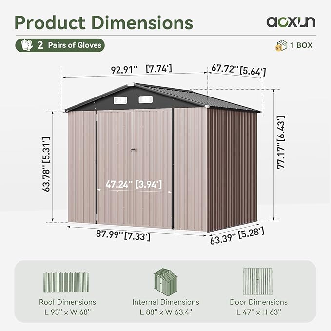 Aoxun 7x5 FT Outdoor Storage Shed Garden Metal Shed with Lockable Door Outdoor Large Shed for Tool, Garbage Can, Bike, Mower, Brown-VerdiqueGarden
