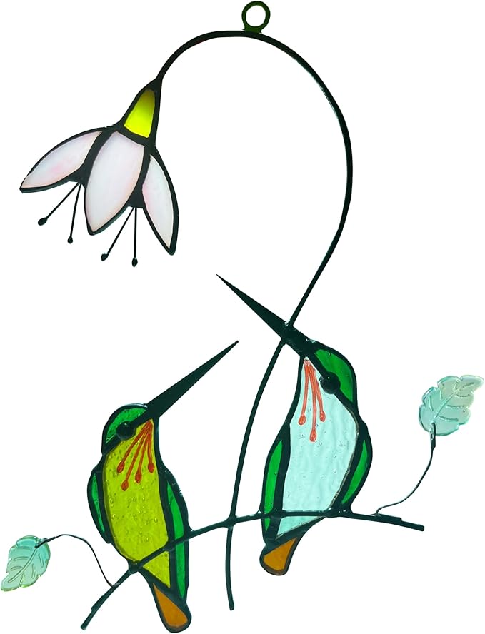 Hummingbird with Flower Stained Glass Suncatcher Bird Stained Glass Window Hangings Hummingbird Gift for Women Home Decor-VerdiqueGarden