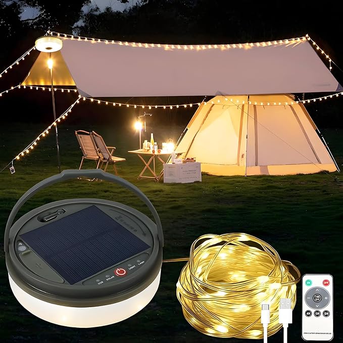 Solar Camping String Lights, 39.4FT Portable Waterproof Camping Light with 8 Lighting Modes, Solar Powered and USB Rechargeable Tent Lantern with Remote Control for Camping, Yard, Garden and Hiking-VerdiqueGarden