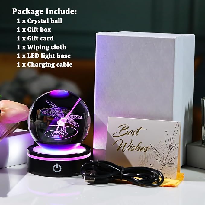 YWHL Crystal Ball 3D Dragonfly Figurine with LED Base, Dragonfly Gifts for Men Women on Christmas Birthday, Glass Animals Insect Sphere Decorative Ball for Home Decor (80mm)-VerdiqueGarden