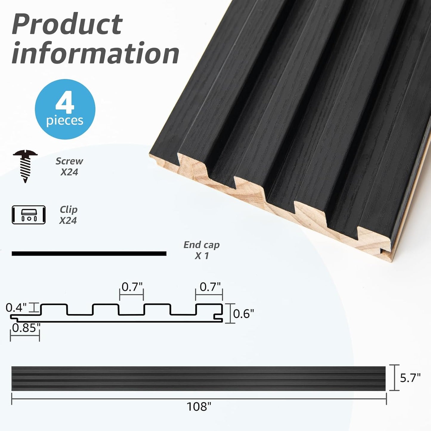 Art3d Slat Wood Wall Paneling for Interior and Ceiling Decoration - Pack of 4pcs + 1pc End-Trim, Size 108 x 5.7in.- Black-VerdiqueGarden