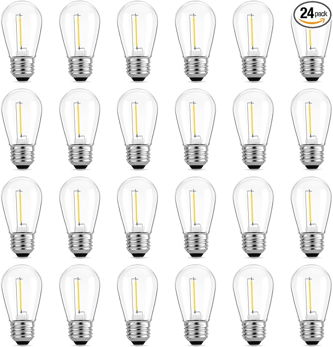 Meconard 24-Pack LED 1W String Light Bulbs, S14 Plastic Shatterproof Edison Vintage Style Replacement 1 Watt Outdoor Light Bulbs 2200K, Waterproof, Warm White Equivalent to 11w, E26 Base-VerdiqueGarden