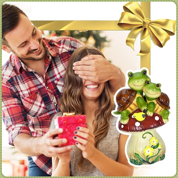 Solar Light Turtle Garden Statue, Turtle on Mushroom Figurine, Lovely Tortoise Garden Statue with 5 LED Lights for Patio, Balcony, Yard, Housewarming, Lawn Ornament, Outdoor Lawn Decor-VerdiqueGarden