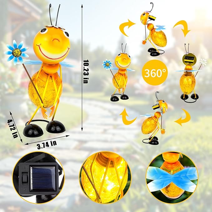 Solar Garden Statue Bee Decor,Outdoor Decorative Tabletop Lanterns,Outdoor Bee Figurines Decorations for Patio Yard Lawn Ornaments,Birthday Gifts for Mom Women Grandma-VerdiqueGarden