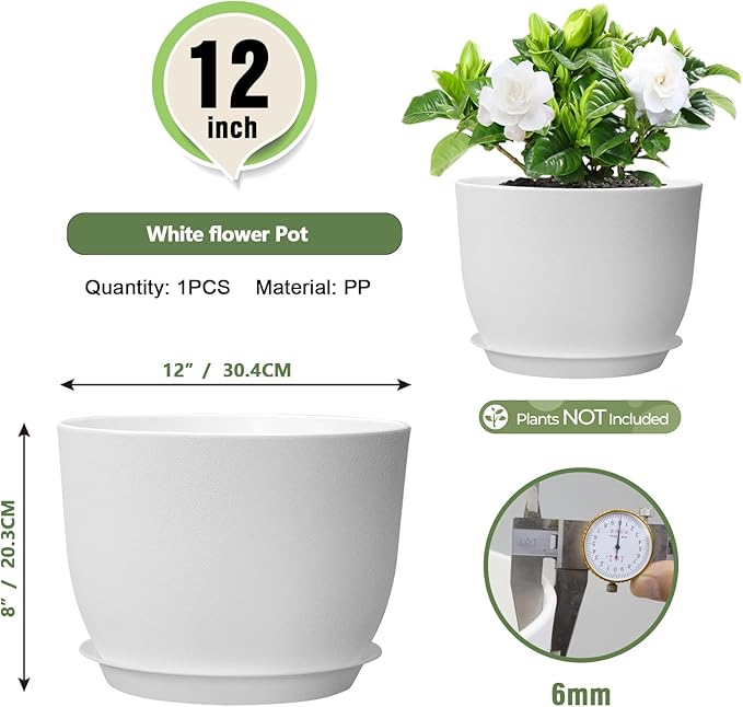 12 inch Large Plant Pots, Plastic Planters with Drainage Holes and Saucers, Flower Pots for Indoor Outdoor Plants, Modern Decorative Pots for Garden House Plants, White-VerdiqueGarden