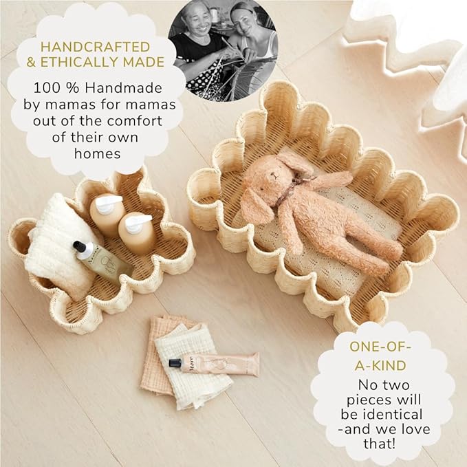 BEBE BASK Unique Wavy Scalloped Basket Set Of 2 - Scallop Basket - 16 x 10 x 7 In - Hand-Woven Elegant Wicker With Scalloped Edge Lid - Nursery Storage - (Earthy)-VerdiqueGarden