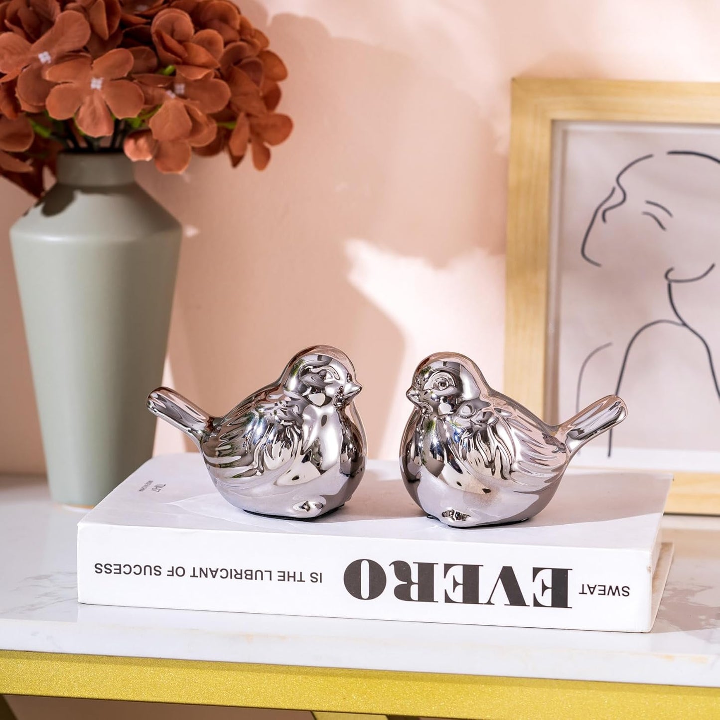 Set of 2 Small Birds Statues Silver Home Decor Modern Boho Style Figurine Decorative Ornaments for Living Room, Bedroom, Office Desktop, Cabinets, Shelf-VerdiqueGarden