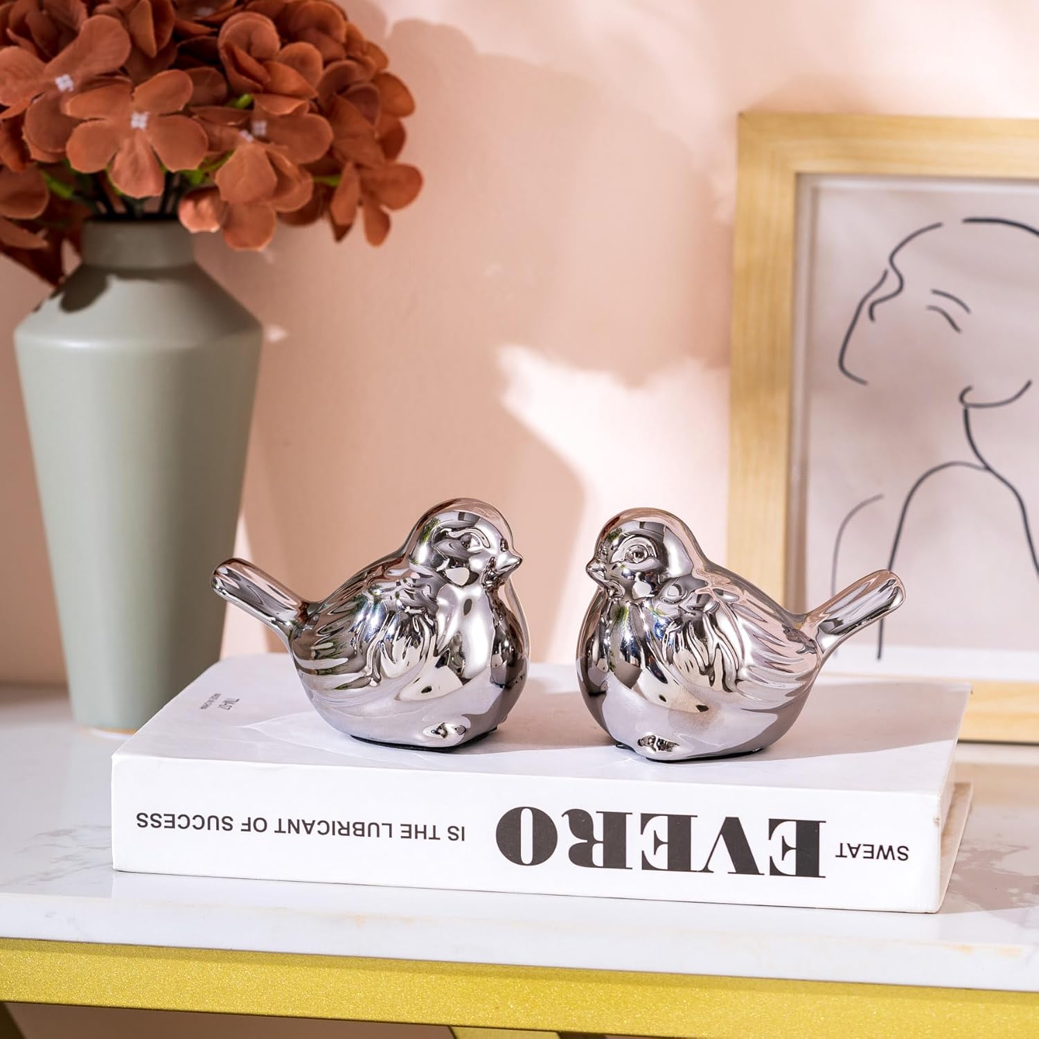 Set of 2 Small Birds Statues Silver Home Decor Modern Boho Style Figurine Decorative Ornaments for Living Room, Bedroom, Office Desktop, Cabinets, Shelf-VerdiqueGarden