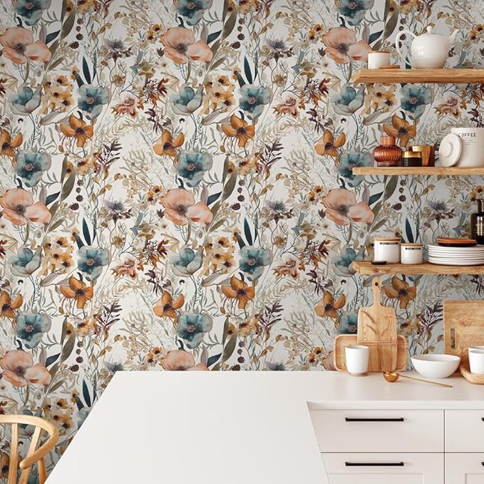 Boho Light Brown Flowers Teal Blue Floral Leaf Plants Vintage Watercolor Peel and Stick Wallpaper Self Adhesive Removable Easy Peel Off Stick on Wall Paper for Bedroom Cabinet Renter-VerdiqueGarden