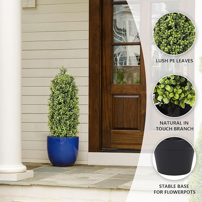 3ft Artificial Boxwood Topiary Trees (Set of 2) - UV Resistant Faux Plants for Outdoor/Indoor, Realistic 36in Fake Bushes and Shrubs for Front Porch, Planter, Patio - Low Maintenance & Evergreen-VerdiqueGarden