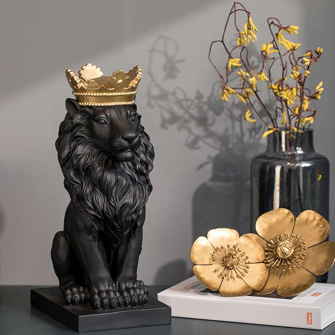 LCdecohome Lion Statue - Outdoor Collectible Figurine, 15 Inch Gold Crown Black Standing Lion Home Decor for Desk & Home Black Decor Gift-VerdiqueGarden