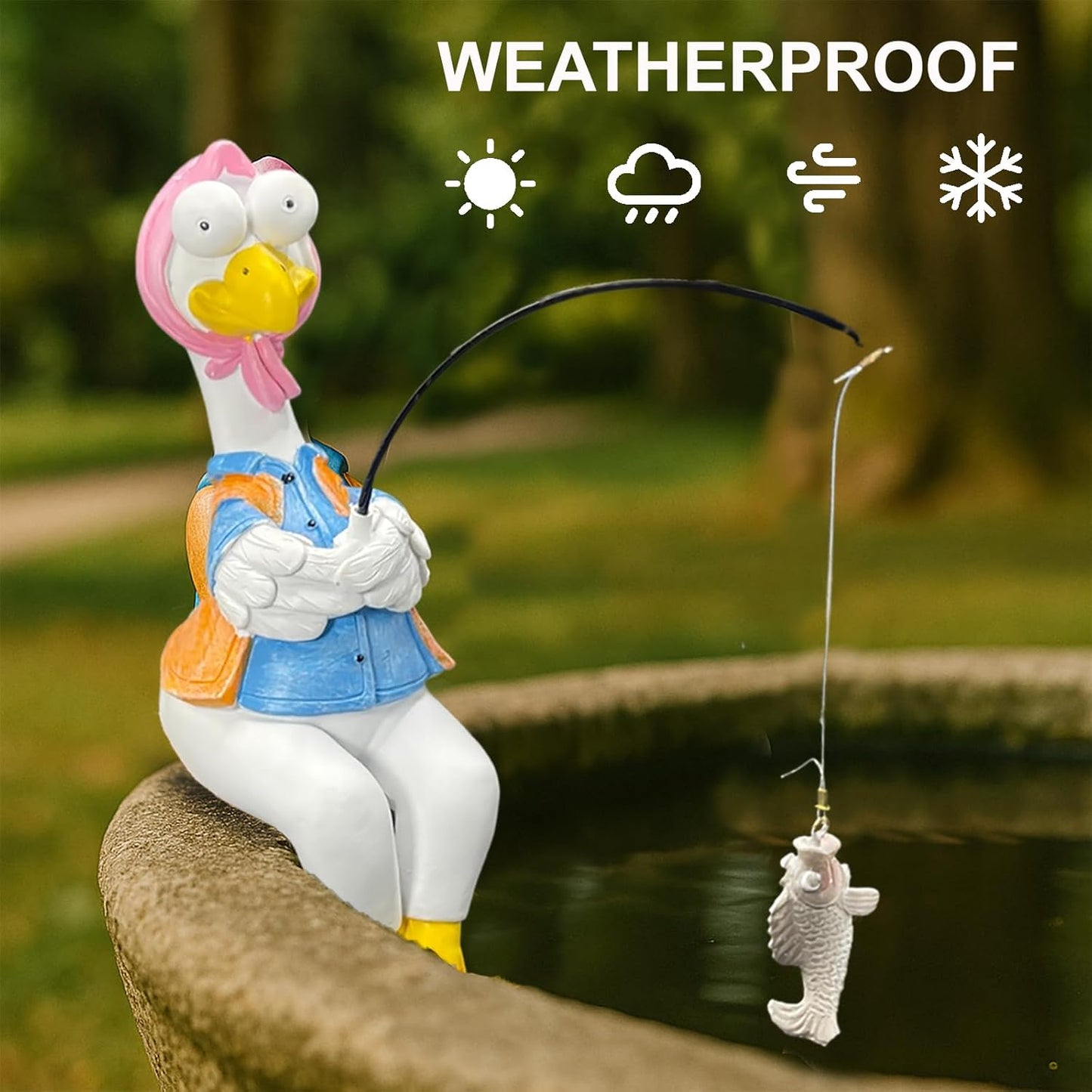 Chicken Fishing Statue Garden Decor – 9.8" Weatherproof Resin Chicken Fishing Sculpture Decor for Fish Ponds, Koi Ponds, Waterfalls, Poolside/Outdoor Gardens– Resin Figurine for Indoor/Outdoor Décor-VerdiqueGarden