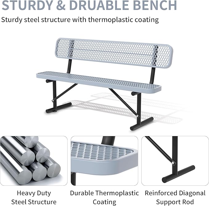 4/6/8 Feet Park Bench for Outside Heavy Duty Metal, Garden Benches Outdoor Bench with Backrest & Portable Frame, for Shopping Malls Stores Parks Patios Decks, Grey-VerdiqueGarden