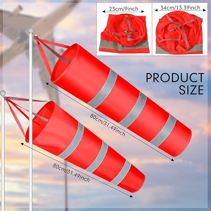 2 Pcs Airport Windsocks Measurement Sock Bag with Reflective Belt Oxford Fabric Ripstop Wind Sock Wind Direction Indicator Windsocks Outdoor Aviation Flag for Airport Farm, 31.5 Inch, 39 Inch(Red)-VerdiqueGarden