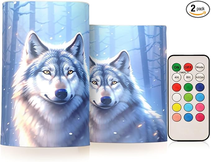 Flickering Flameless Candles, Wolf Winter Forest LED Candles with Remote Timer, Set of 2 Battery Operated Candle for Valentine Wedding Birthday-VerdiqueGarden