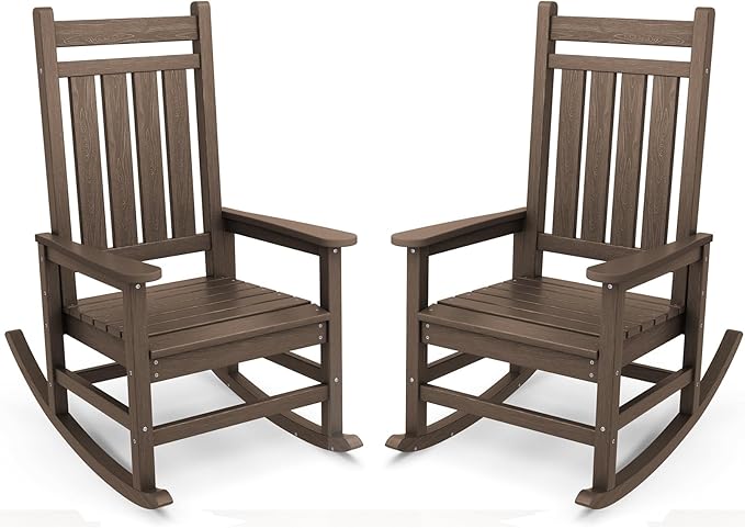SERWALL Outdoor Rocking Chair Set of 2, HDPE Rocking Chairs for Adult, All Weather Porch Rockers for Lawn Garden, Coffee-VerdiqueGarden