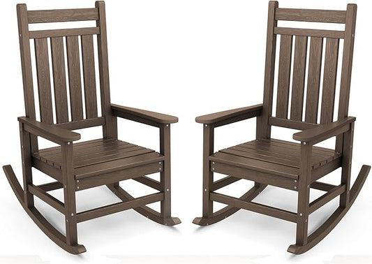 SERWALL Outdoor Rocking Chair Set of 2, HDPE Rocking Chairs for Adult, All Weather Porch Rockers for Lawn Garden, Coffee-VerdiqueGarden
