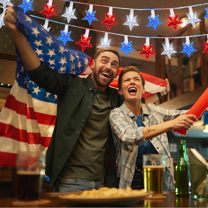 100 LED Red White and Blue Star Lights, 37FT 4th of July Star String Lights Plug in for Home Patio Garden Yard Memorial Day Independence Day Patriotic Decorations Outdoor, White Wire-VerdiqueGarden