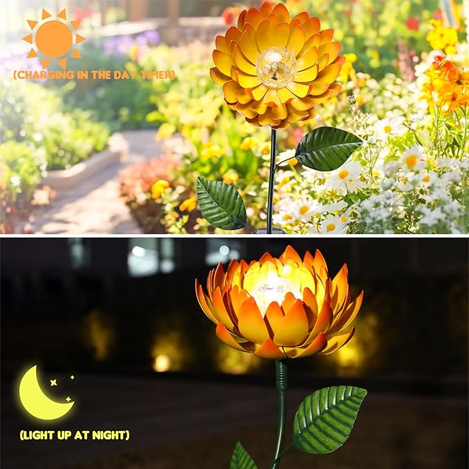 VCUTEKA Solar Garden Lights Metal Flower Decor Colorful Yellow Flowers Solar Pathway Light with LED Cracked Crystal Ball Outdoor Decorative Stake for Patio Yard Lawn-VerdiqueGarden